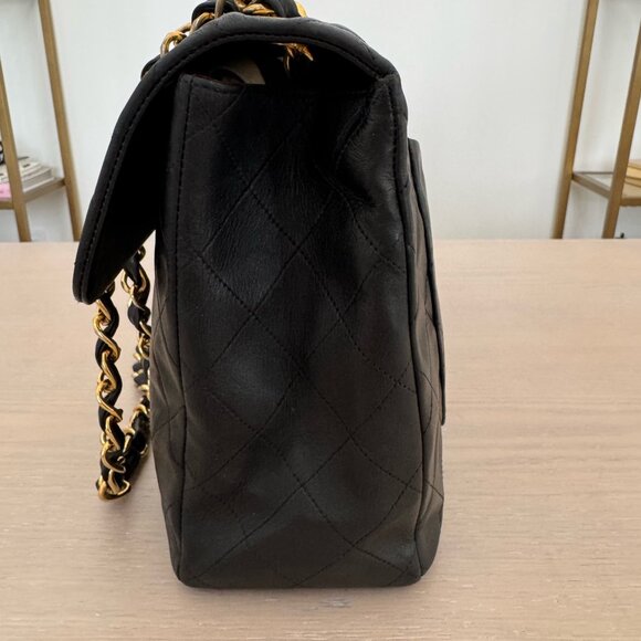 Chanel Vintage Black Jumbo Classic Flap Bag 24k Gold Hardware Lambskin Leather - Picture 12 of 16